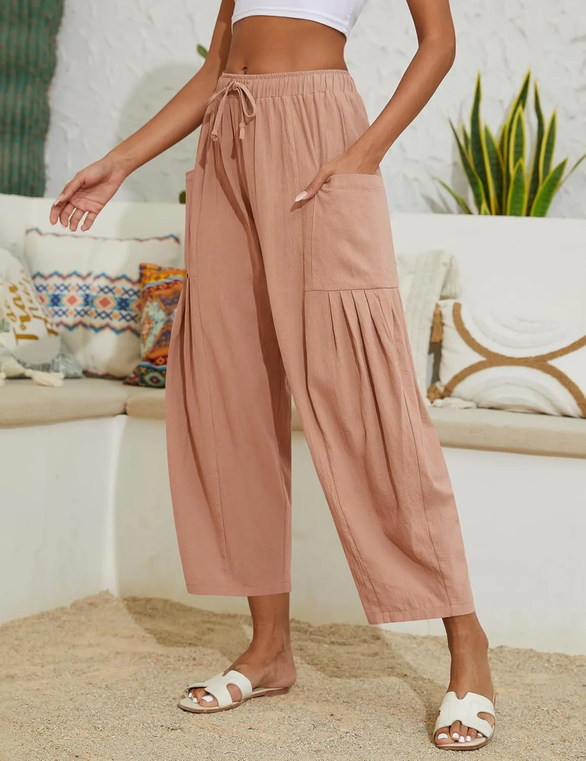 Women Linen Pants Wide Leg Boho Pants Loose Lightweigt Beach Palazzo Harem Pants with Pockets