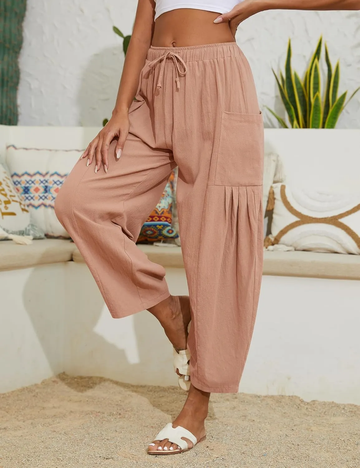 Women Linen Pants Wide Leg Boho Pants Loose Lightweigt Beach Palazzo Harem Pants with Pockets
