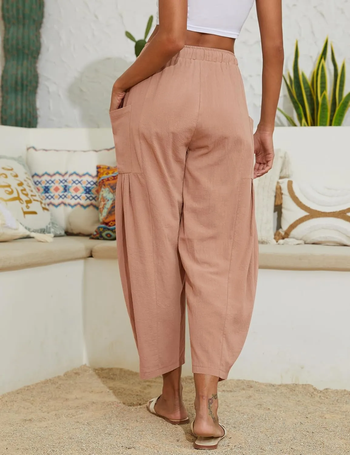 Women Linen Pants Wide Leg Boho Pants Loose Lightweigt Beach Palazzo Harem Pants with Pockets