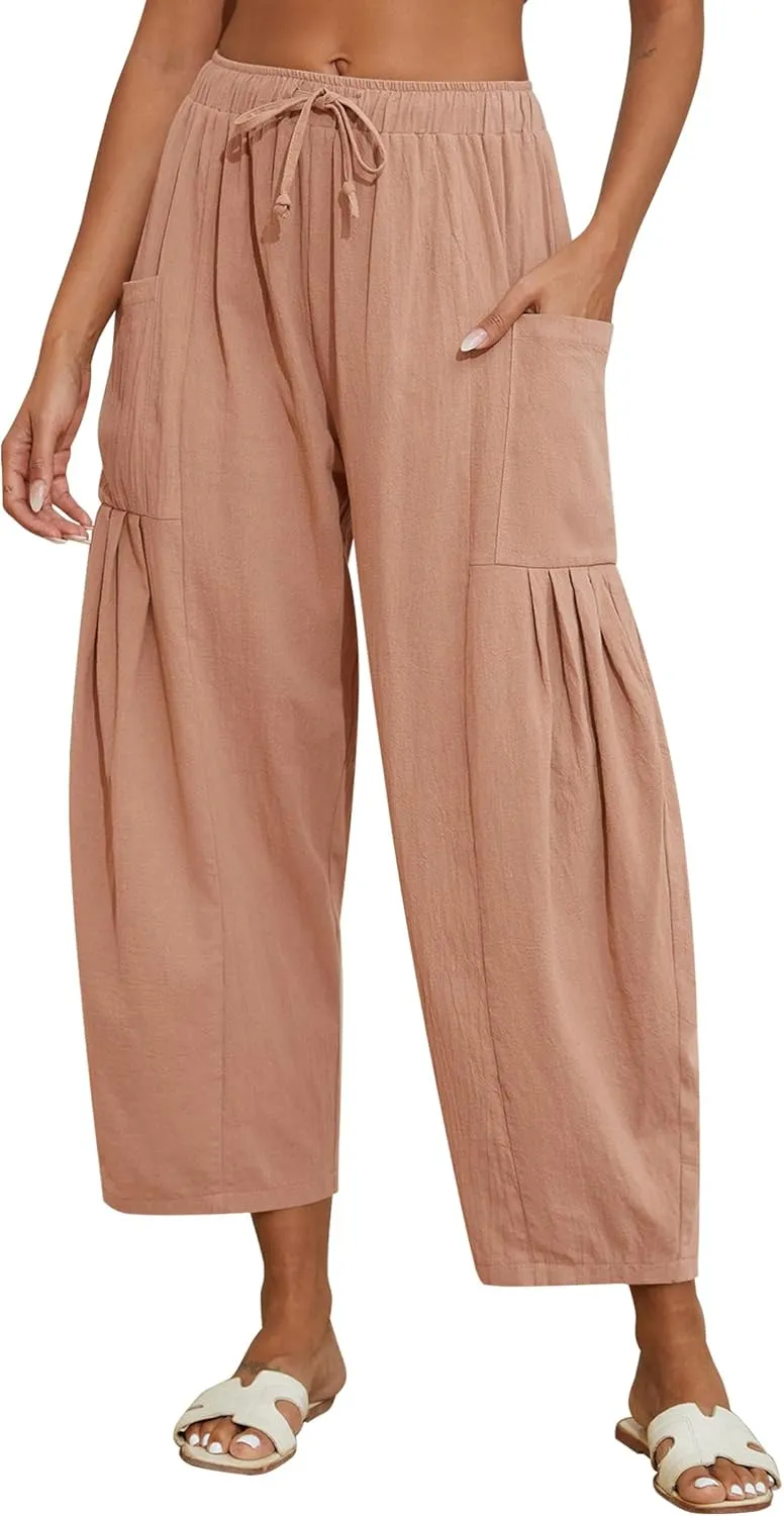 Women Linen Pants Wide Leg Boho Pants Loose Lightweigt Beach Palazzo Harem Pants with Pockets