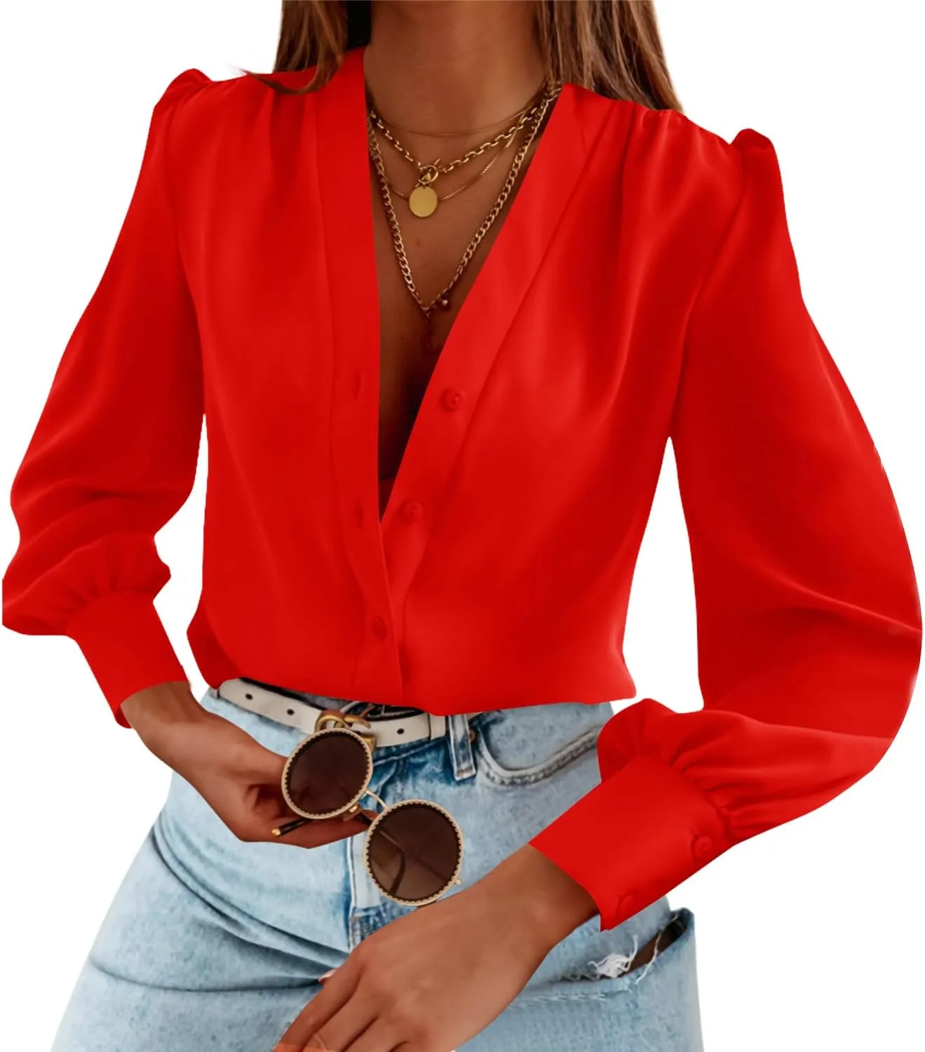 Women's Business Casual Tops Summer Long Sleeve Button Down Shirts V Neck Chiffon Blouses
