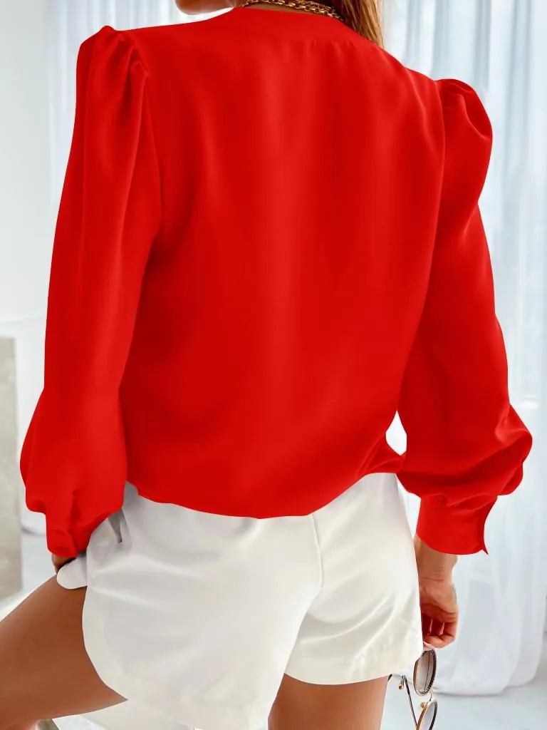Women's Business Casual Tops Summer Long Sleeve Button Down Shirts V Neck Chiffon Blouses