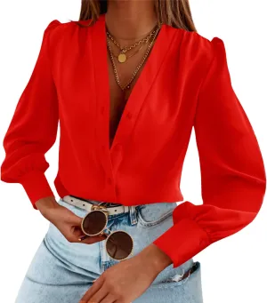 Women's Business Casual Tops Summer Long Sleeve Button Down Shirts V Neck Chiffon Blouses
