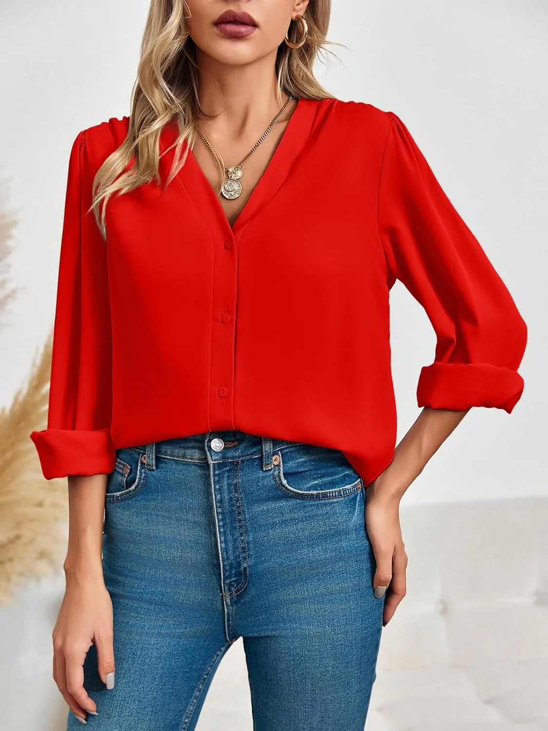 Women's Business Casual Tops Summer Long Sleeve Button Down Shirts V Neck Chiffon Blouses