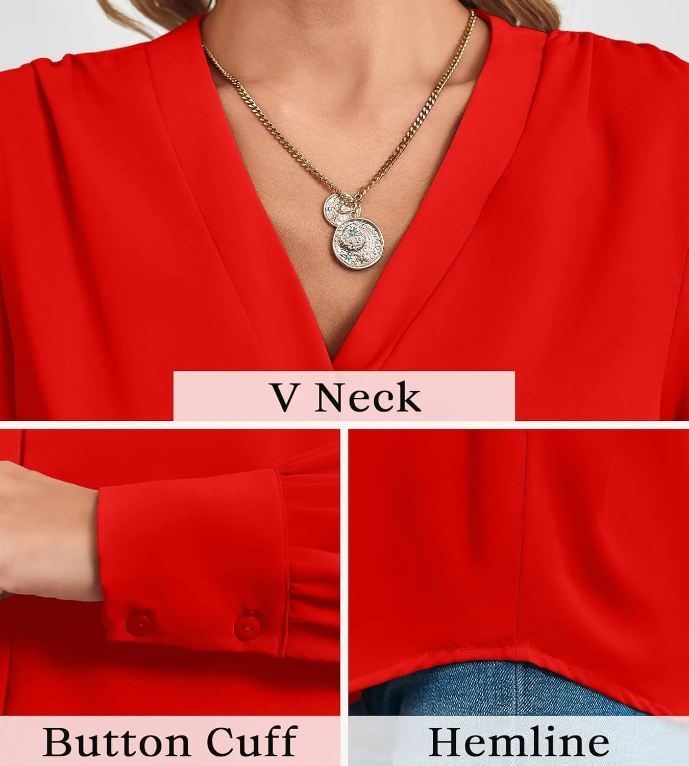 Women's Business Casual Tops Summer Long Sleeve Button Down Shirts V Neck Chiffon Blouses