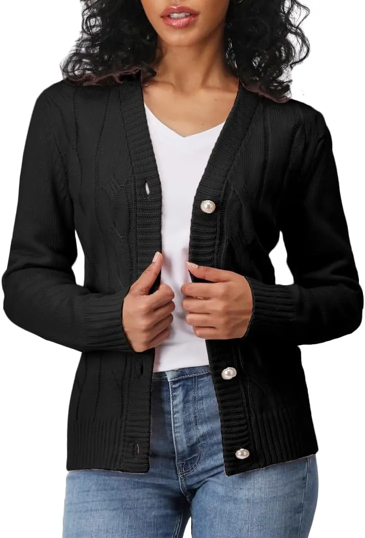 Women's Casual Slim Fit Cardigan Sweaters Long Sleeve Button Down Lightweight Waist Length