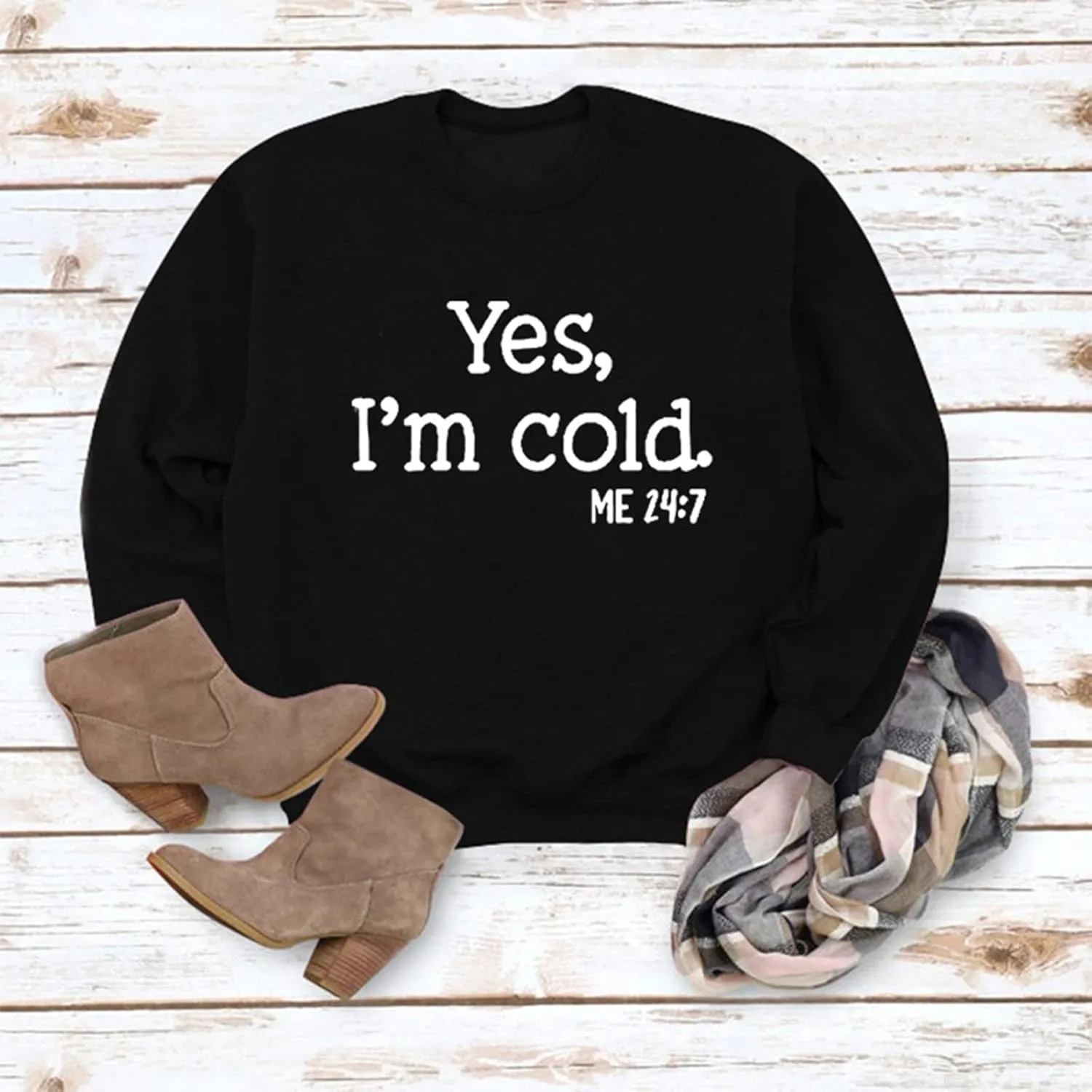 Womens I'm Yes Cold Me 24:7 Printed Funny Sweatshirt Long Sleeve Crewneck Letters Casual Loose Pullover Top
