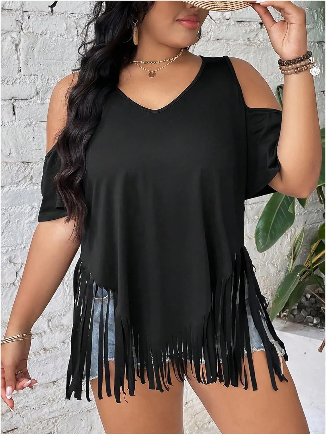 Women's Plus Size Fringe Hem V Neck Tops Short Sleeve Cold Shoulder T Shirts Top