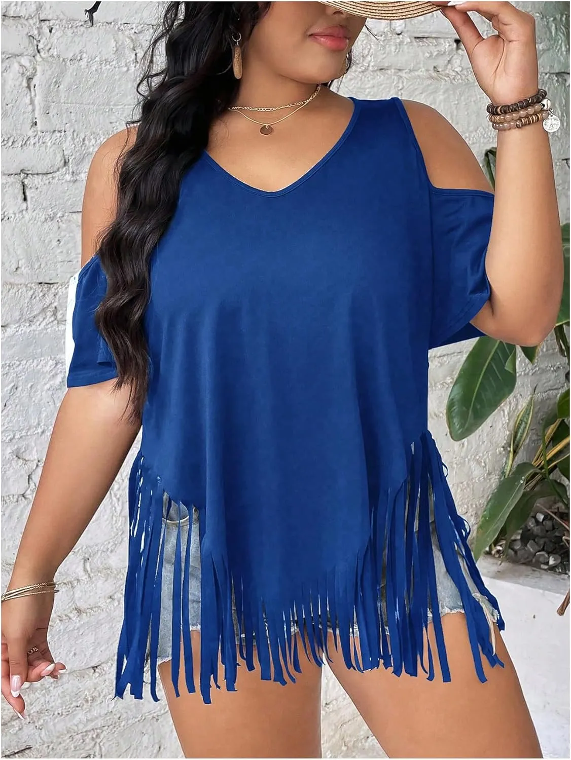 Women's Plus Size Fringe Hem V Neck Tops Short Sleeve Cold Shoulder T Shirts Top