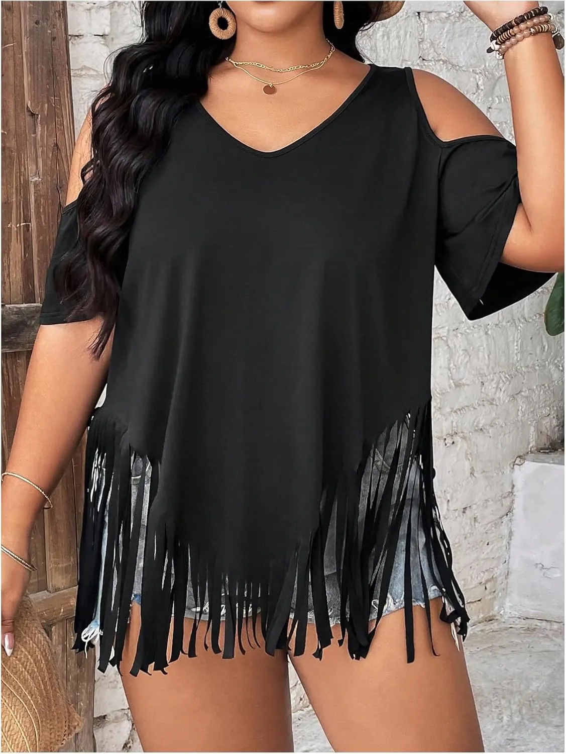 Women's Plus Size Fringe Hem V Neck Tops Short Sleeve Cold Shoulder T Shirts Top