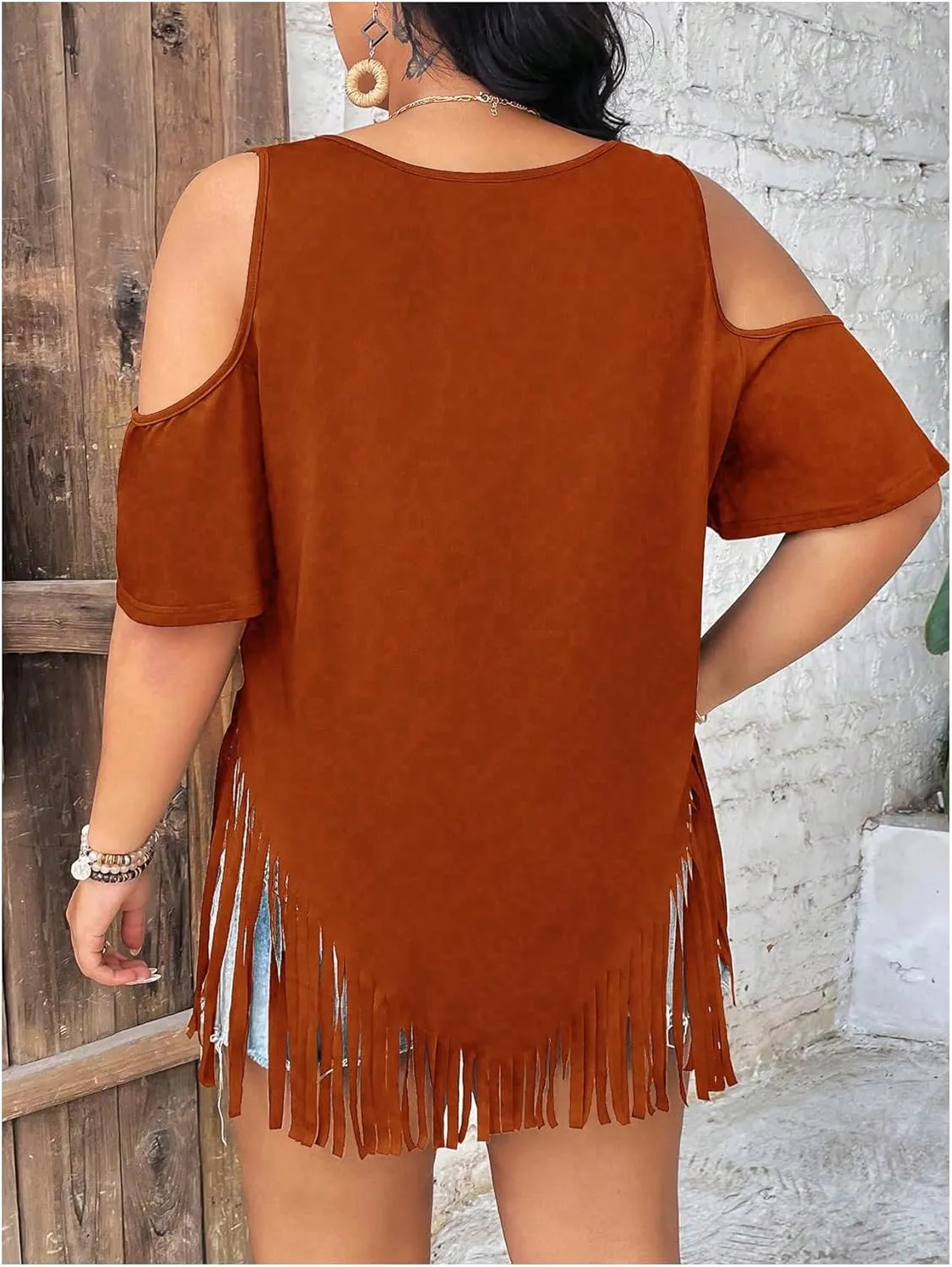 Women's Plus Size Fringe Hem V Neck Tops Short Sleeve Cold Shoulder T Shirts Top