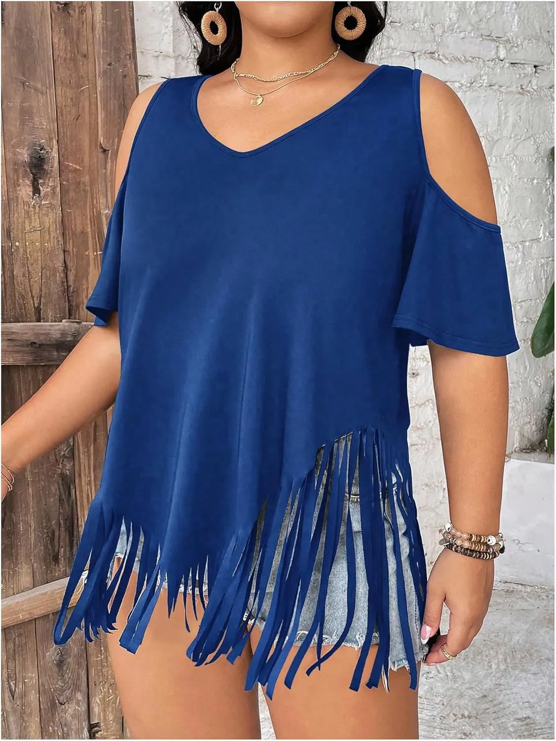 Women's Plus Size Fringe Hem V Neck Tops Short Sleeve Cold Shoulder T Shirts Top