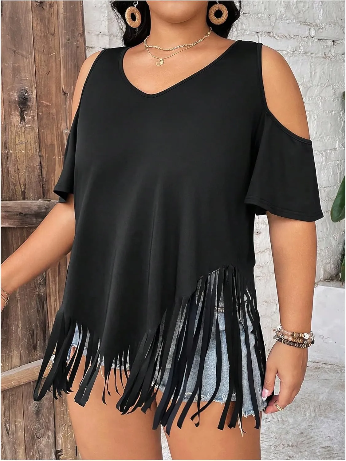 Women's Plus Size Fringe Hem V Neck Tops Short Sleeve Cold Shoulder T Shirts Top