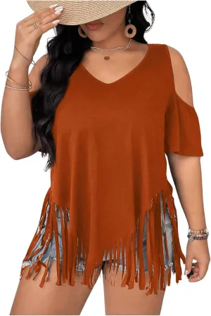 Women's Plus Size Fringe Hem V Neck Tops Short Sleeve Cold Shoulder T Shirts Top
