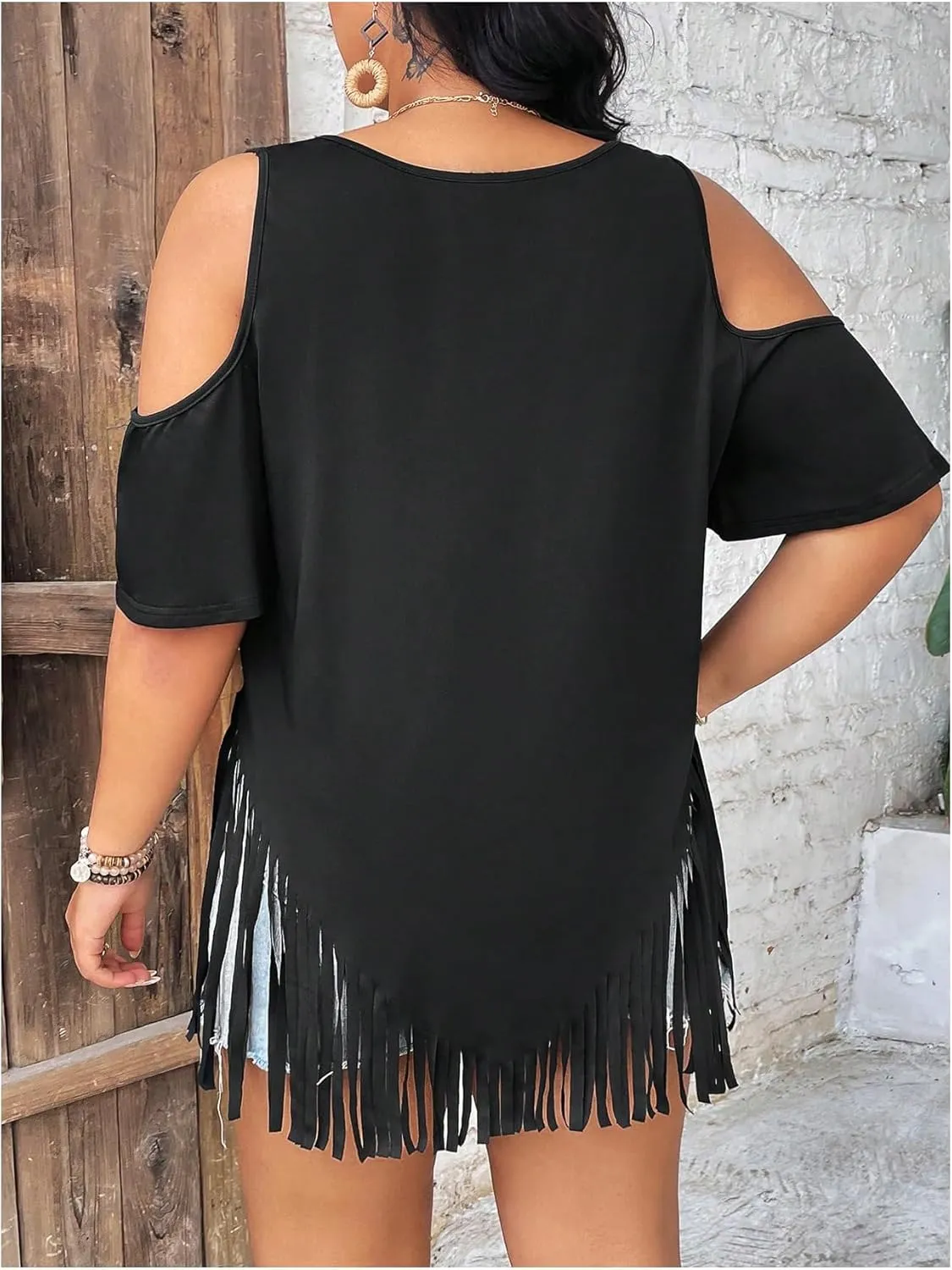 Women's Plus Size Fringe Hem V Neck Tops Short Sleeve Cold Shoulder T Shirts Top