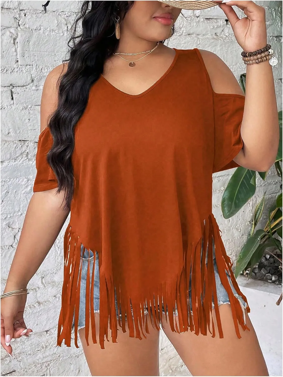 Women's Plus Size Fringe Hem V Neck Tops Short Sleeve Cold Shoulder T Shirts Top