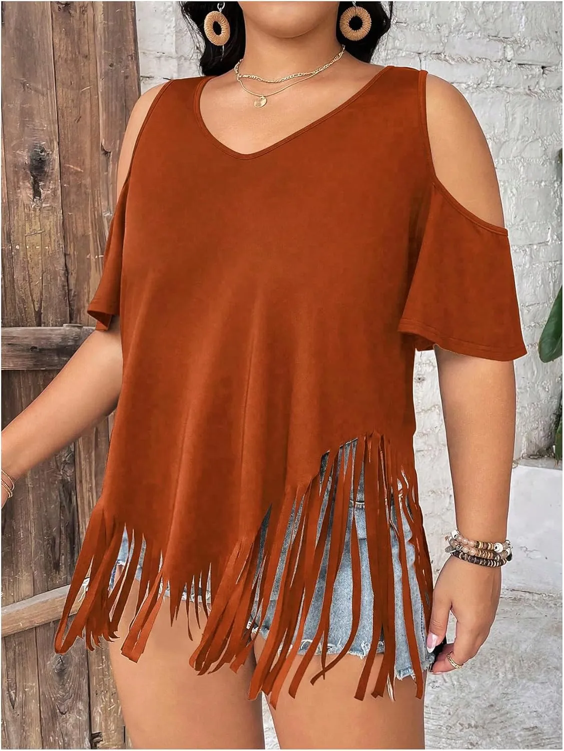 Women's Plus Size Fringe Hem V Neck Tops Short Sleeve Cold Shoulder T Shirts Top
