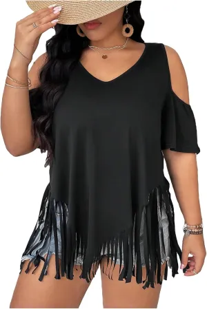 Women's Plus Size Fringe Hem V Neck Tops Short Sleeve Cold Shoulder T Shirts Top
