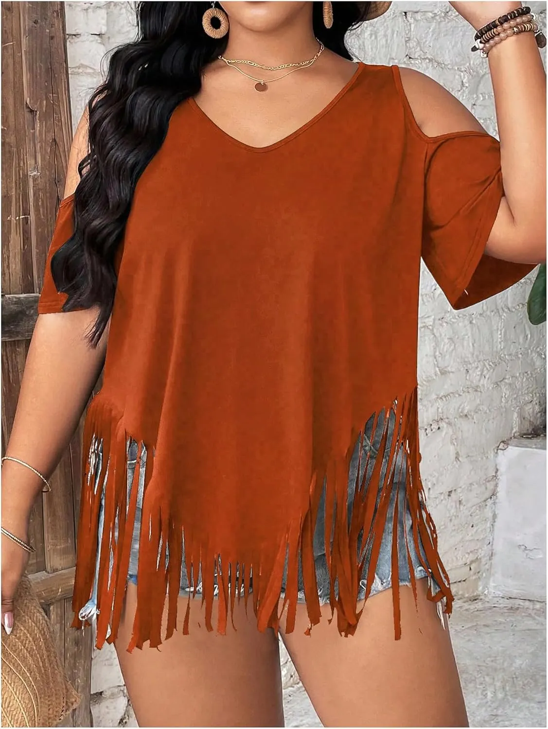Women's Plus Size Fringe Hem V Neck Tops Short Sleeve Cold Shoulder T Shirts Top