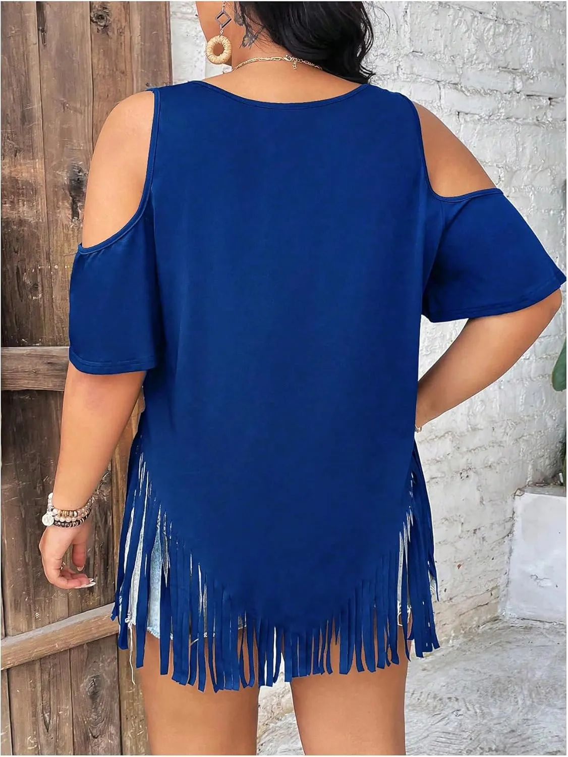 Women's Plus Size Fringe Hem V Neck Tops Short Sleeve Cold Shoulder T Shirts Top