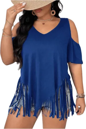 Women's Plus Size Fringe Hem V Neck Tops Short Sleeve Cold Shoulder T Shirts Top