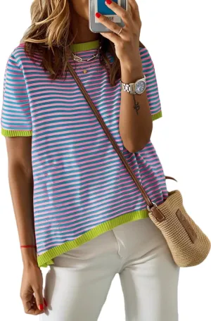 Womens Short Sleeve Sweaters Summer Casual Crewneck Striped Color Block Knitted Cotton Trendy Pullover Tops