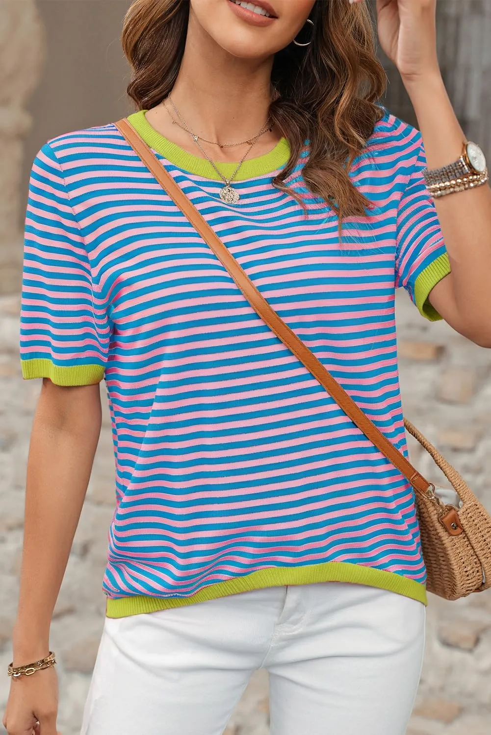 Womens Short Sleeve Sweaters Summer Casual Crewneck Striped Color Block Knitted Cotton Trendy Pullover Tops