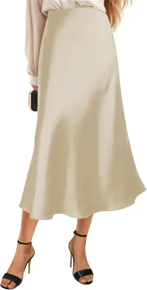 Womens Silky Satin Midi Skirt High Waist Elastic Waist A Line Skirt