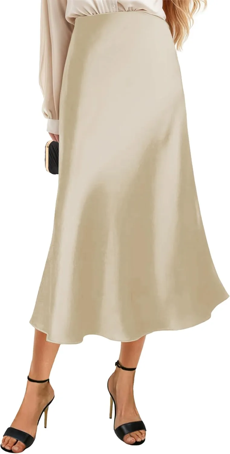 Womens Silky Satin Midi Skirt High Waist Elastic Waist A Line Skirt