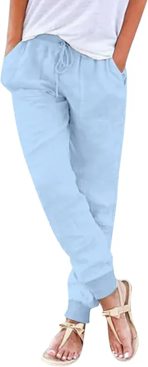 Womens Tapered Pants Cotton Linen Drawstring Back Elastic Waist Pants Lightweight Casual Trousers with Pockets