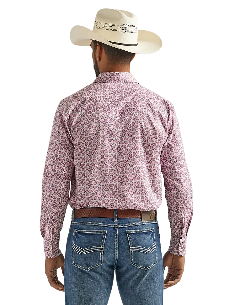 Wrangler Men's Comfort Long Sleeve Western Snap Print Pink Paisley Shirt