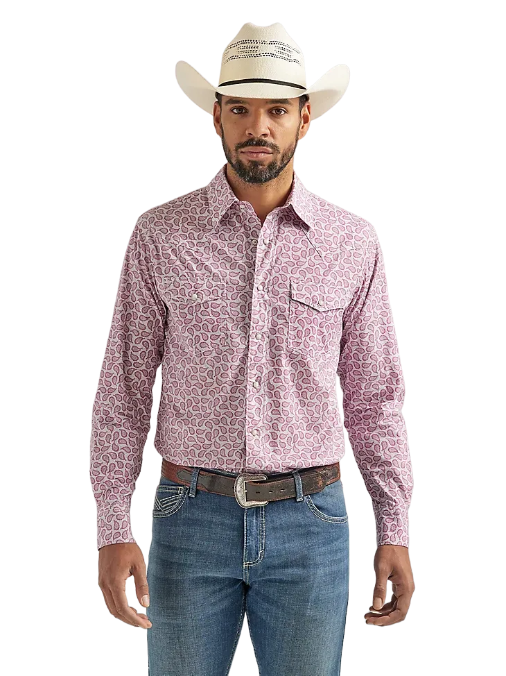 Wrangler Men's Comfort Long Sleeve Western Snap Print Pink Paisley Shirt