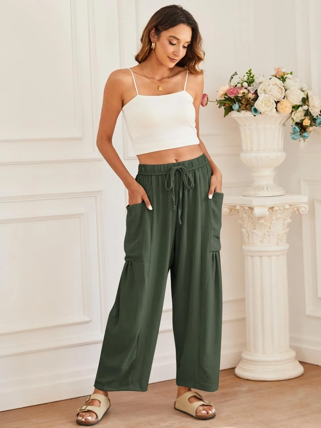 YKR Wide Leg Pants Woman Casual Loose Lightweigt Beach Palazzo Harem Pants Flowy Pants 2025