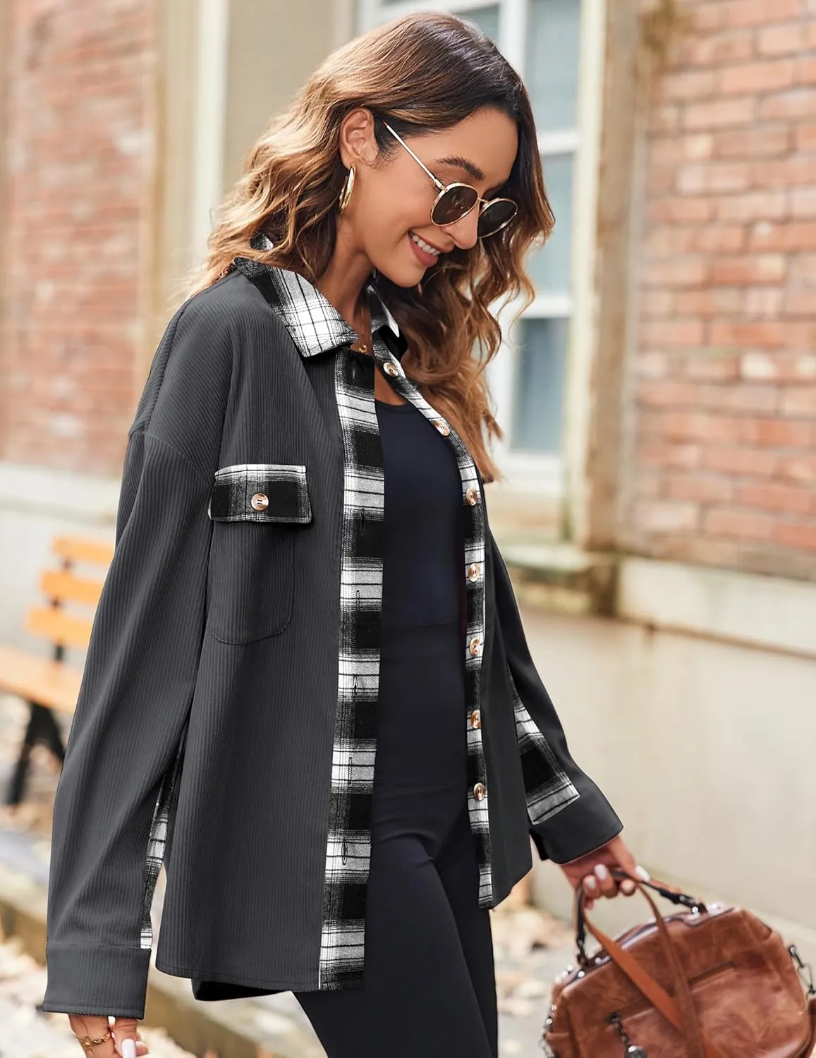 Zeagoo Womens Corduroy Flannel Shacket Jacket Casual Plaid Button Down Shirts Long Sleeve Fall Tops with Pockets