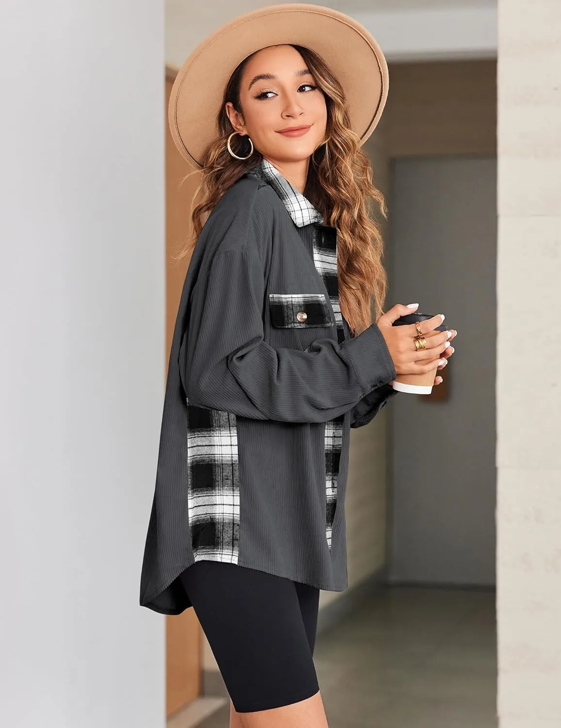 Zeagoo Womens Corduroy Flannel Shacket Jacket Casual Plaid Button Down Shirts Long Sleeve Fall Tops with Pockets