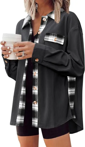 Zeagoo Womens Corduroy Flannel Shacket Jacket Casual Plaid Button Down Shirts Long Sleeve Fall Tops with Pockets
