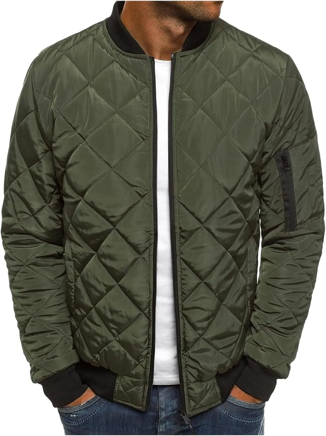 ZWRXW Bomber Jackets for Men Diamond Quilted Puffer Down Jacket Full Zip Lightweight Varsity Padded Coat Winter Warm Outwear